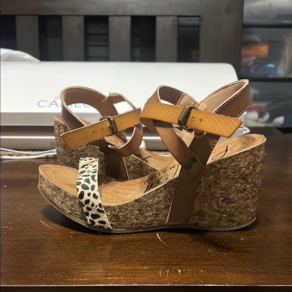 Brown and Tan Wedge Sandals with Leopard